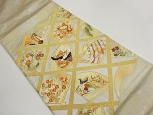 菱に扇子模様織出し袋帯